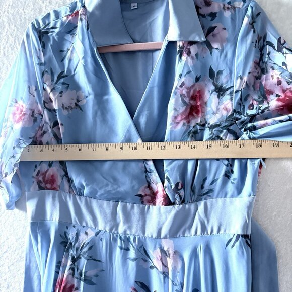 NWOT Womens Blue Floral Gown Dress Empire Waist Chiffon Size XL Crossover Front - Picture 9 of 12
